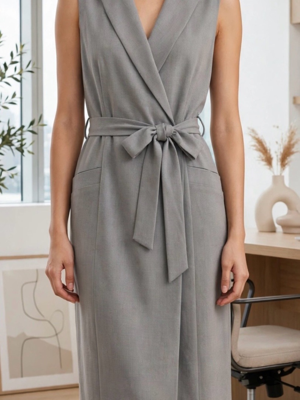 Calvin Klein Sleeveless Wrap Dress in Light Gray with Waist Tie